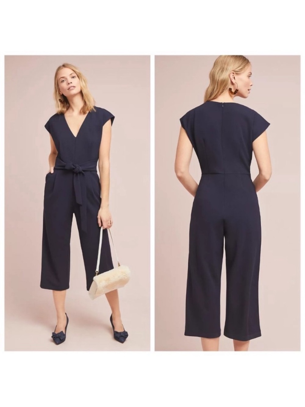 Anthropologie sedona Navy V-Neck Tie-Waist Cropped Jumpsuit size s